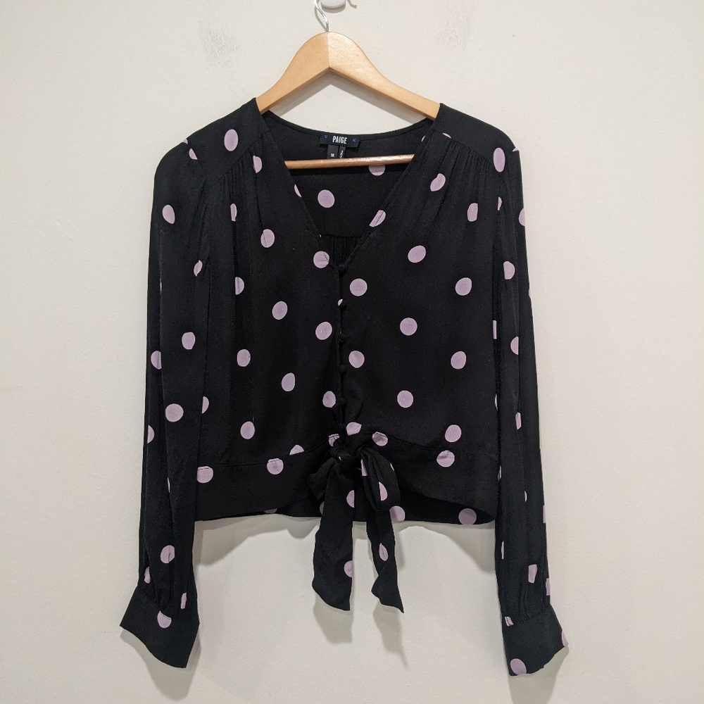 Paige Black Crop Tie Blouse with Purple Polka Dots - Picture 2 of 9